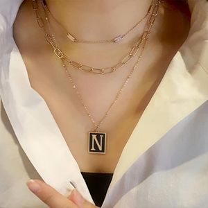 Black and Gold N Monogram Pendant Rectangle Frame Chain Necklace Initial Jewelry
